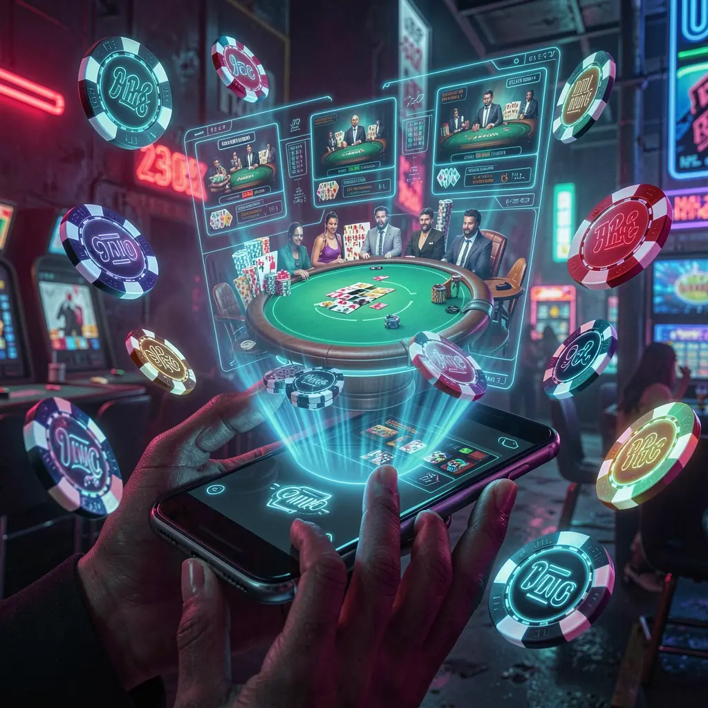 Futuristic KK7777 casino app interface with glowing chips and floating coins showcasing mobile gaming action in Bangladesh