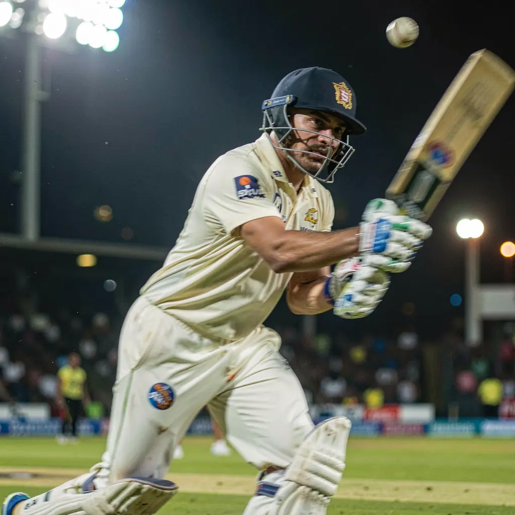 Dynamic close up of a cricket batsman striking the ball under bright stadium lights highlighting intense cricket betting moments on KK7777 in Bangladesh