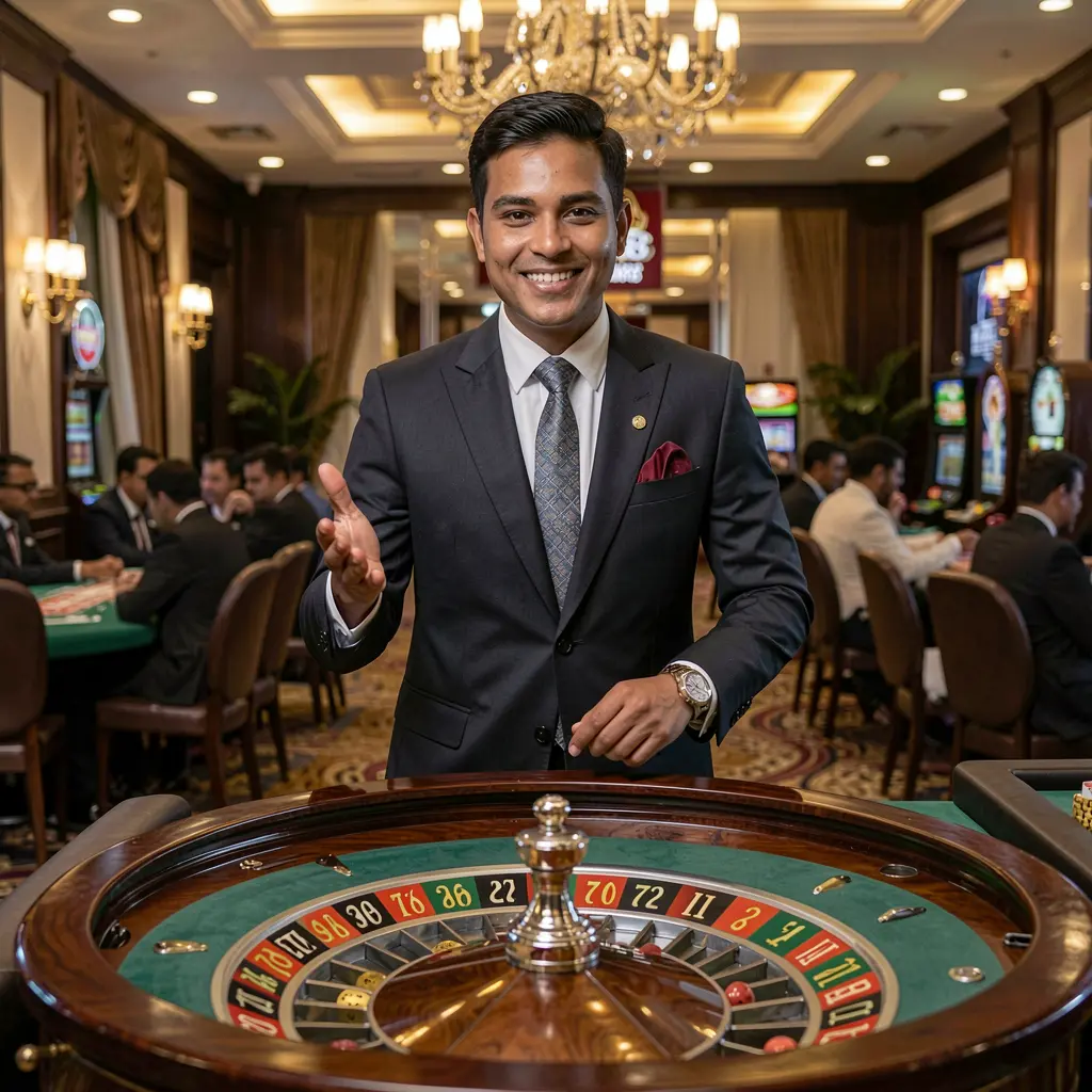 Professional live casino dealer standing at a roulette table in a luxury studio representing the high quality live casino games offered by KK7777 in Bangladesh