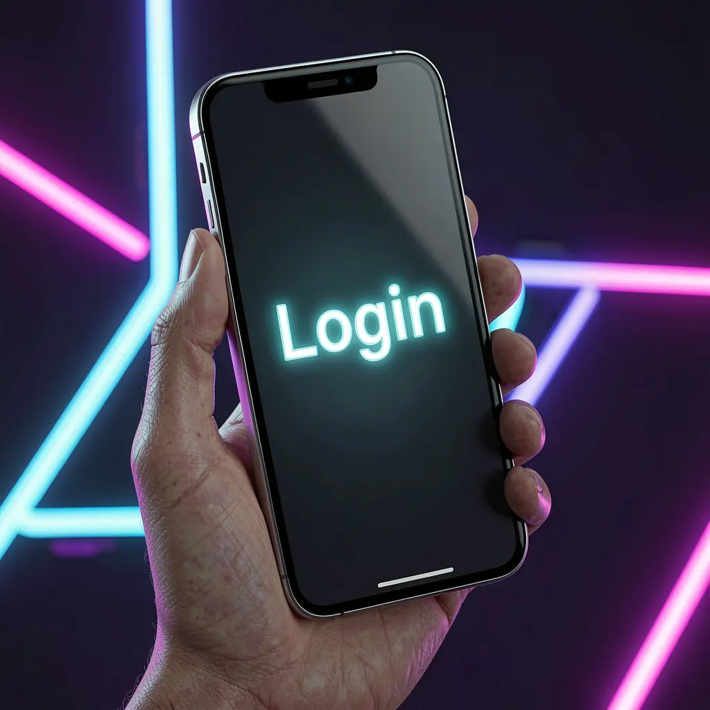 Bright KK7777 login interface on a smartphone held in hand with neon reflections highlighting secure access for players in Bangladesh