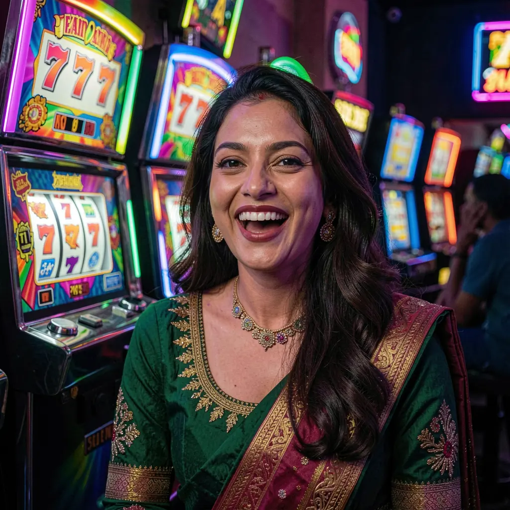 Stylish woman enjoying modern slot machines with bright 777 symbols in a lively casino setting at KK7777 online casino for players in Bangladesh